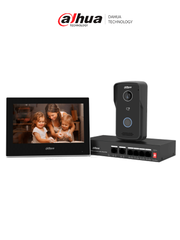 DAHUA KTP03-V2 - Kit de Videportero IP/ Monitor de 7 Pulgadas. Frente de Calle y Switch PoE/ 6&1 E&S de Alarma/ Frente de Calle IP65/ IR/ Apertura Remota / Switch de 4 Puertos PoE 10/100/ 2 Puertos Uplink/ Controla 1 Puerta/