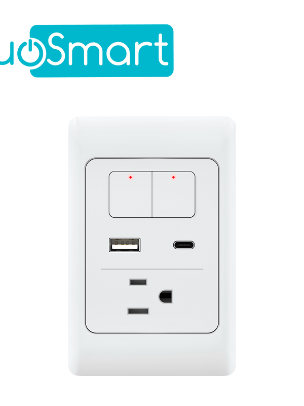 Apagador Y Contacto Tomacorriente Duosmart A70 / 2 Botones-unidades / 1 Contacto / 1 Puerto Usb / 1 Puerto Usb-c / Wifi 2.4 Ghz / Compatible Con Alexa Y Google Home / Temporizadores / Escenas De Automatizacion
