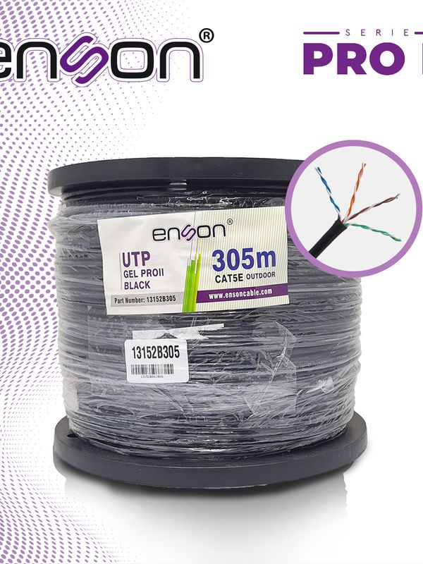 Cable Utp Cat5e Enson 13152b305 Serie Pro-ii C/gel Calibe 24 Awg 100% Cobre Bobina De 305 Metros Forro Pe Color Negro Uso Exterior Recomendado Para Cctv, Video Ip Y Redes Base 10,100