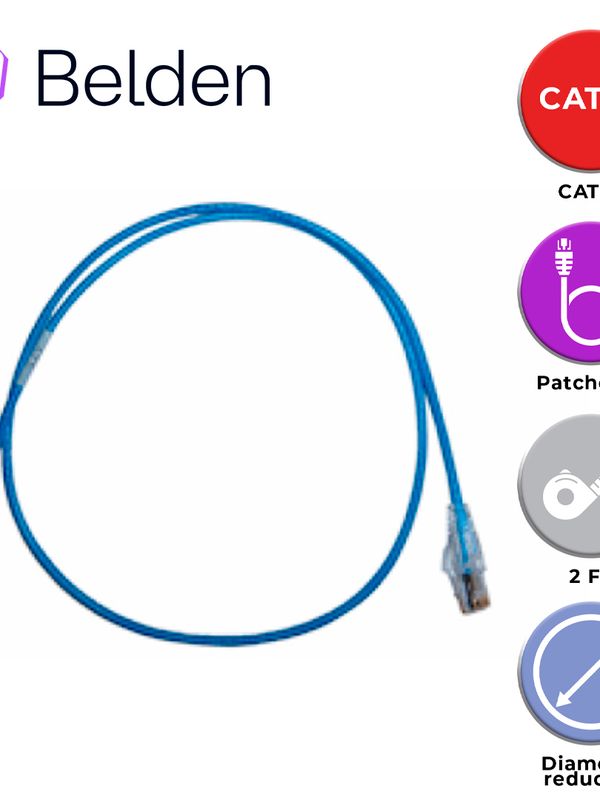 Patch Cord Diametro Reducido Utp Cat6+ Belden C6d1106002 / Interior / Azul / 4 Pares / 28 Awg / Forro Pvc / Cmr / 2 Pies 0.6 Metros