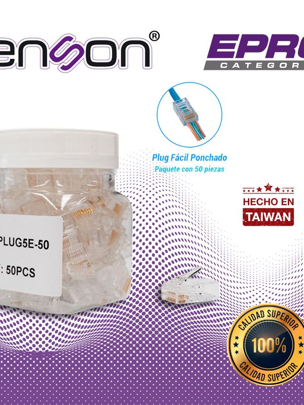 Plug Facil Ponchado Enson Epro-plug5e-50 Bote De 50 Pzs Para Cable Utp Cat5e Con Sistema De Paso De Cables Passtru Que Facilita El Ponchado De Cable Utp Ya Que Se Puede Identificar Errores De Manera Mas Facil, Requiere Uso De Pinzas Epro-plugtool