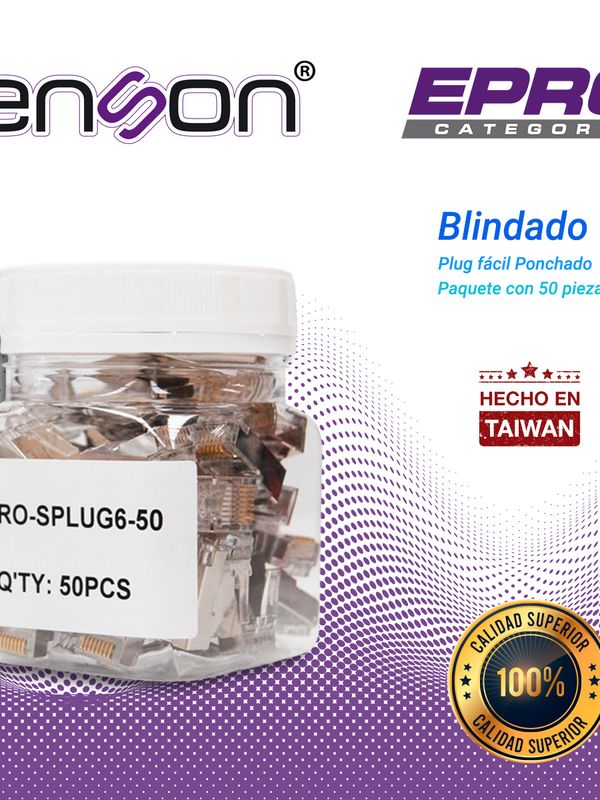 Plug Facil Ponchado Blindado Enson Epro-splug6-50 Bote De 50 Pzs Para Cable Utp Cat6 Con Sistema De Paso De Cables Passtru Que Facilita El Ponchado De Cable Utp Ya Que Se Puede Identificar Errores De Manera Mas Facil, Requiere Uso De Pinzas Epro-plugtool