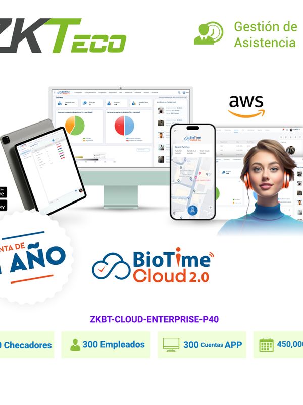 Licencia De Asistencia En La Nube Zkteco Biotime Cloud Enterprise Capacidad De 40 Checadores, 300 Empleados, 300 App, 450,000 Eventos / Renta De 1 Año