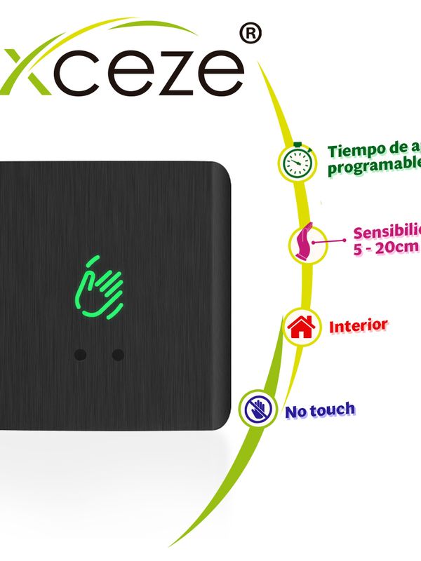 Boton De Peticion De Salida Sin Contacto Ax-b150 Formato Cuadrado Cubierta Plastica Color Negro Led Indicador De Estado Distancia De Activacion Ajustable Entre 5 Y 20cm Retardo De Apertura Ajustable