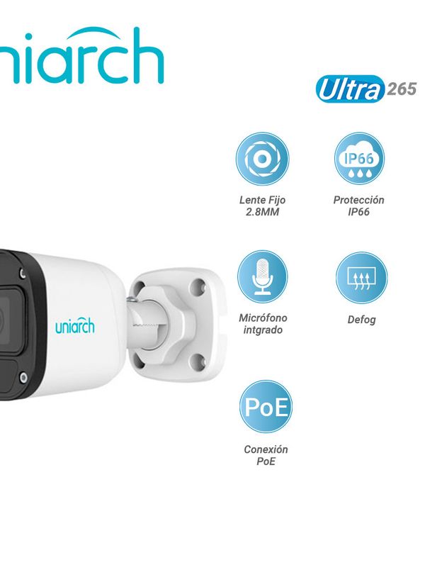 Camara Ip Bullet Uniarch Ipc-b125-apf28 Uniarch / 5mp/ Ultra 265 / Lente 2.8 Mm / Ip67 / Dwdr / Microfono Integrado / Digital Defog / Ir 30m / Poe / 12 Vcd