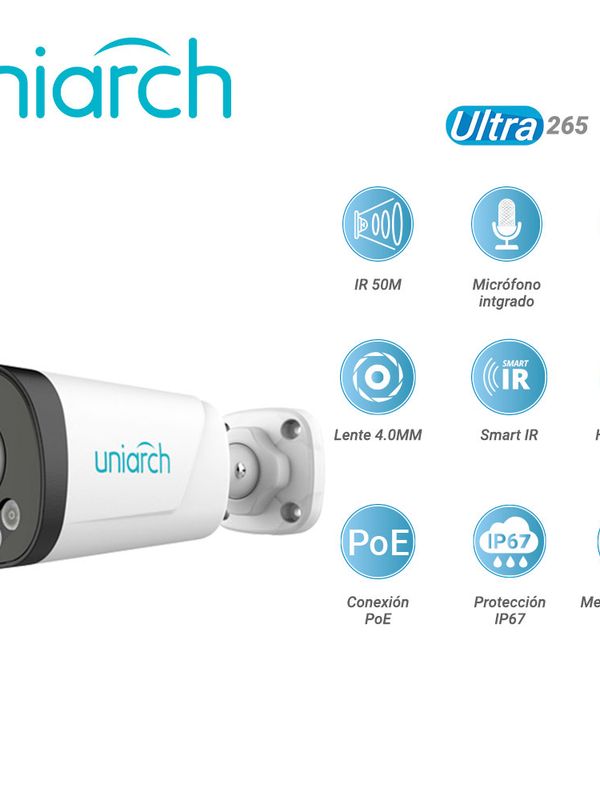 Camara Ip Bullet Uniarch Ipc-b233-apf40w / 3mp / Ultra 265 / Microfono-integrado / Roi / Lente4.omm / Smart-dual-light / Intrusion / Cruce-de-linea / Basado-en(human-body-detection) / Ip67 / Poe / 12 Vcd / Metal-plastica