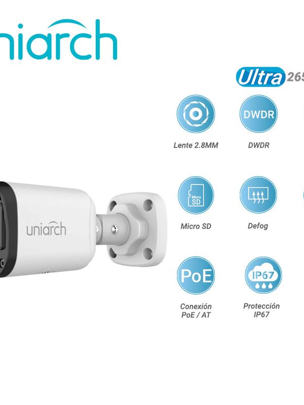 Camara Ip Bullet Uniarch Ipc-b122-apf28k / 2mp / Lente-2.8mm / Dwdr / Ir30m / Microsd128gb / Microfono-integrado / Digital-defog / Motion-detection / Onvif / Ip67 / 3-axis / Ultra265 / Poe-af / 12 Vcd
