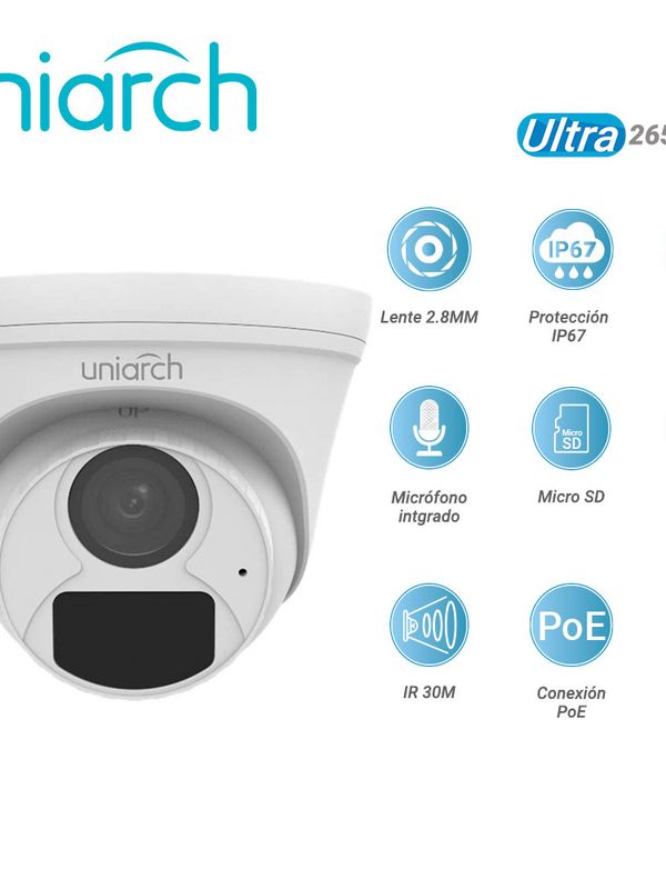 Camara Ip Turret Uniarch Ipc-t124-apf28k / 4mp / Ultra265 / Lente 2.8 Mm / Ip67 / Dwdr / Microfono Integrado / Ranura Para Micro Sd / Digital Defog / Ir 30m / Poe / 12 Vcd / 3 Axis