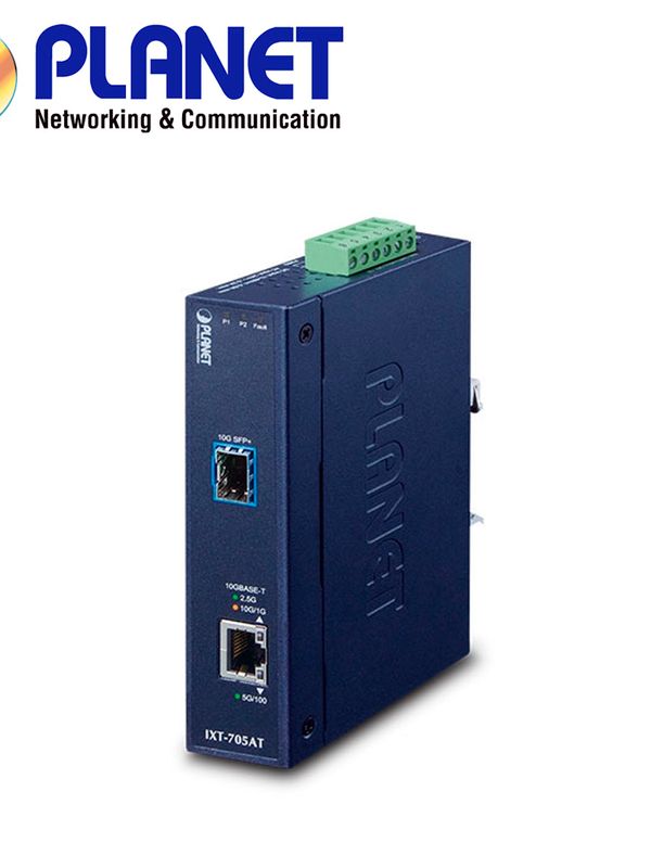 Convertidor De Medios Industrial Planet Ixt-705at / 1 Puerto Rj45 100m/1/2.5/5/10gbps / 1 Puerto Optico Sfp+ 10gbps / Doble Alimentacion 12-48vcd/24vca / Montaje Din-rail/pared / Temperatura Operacion -45 - 75 Grados Celsius