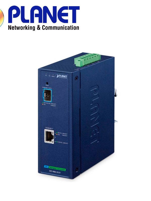 Convertidor De Medios Industrial Administrable Planet Ixt-900-1x1t / 1 Puerto Rj45 100m/1/2.5/5/10gbps / 1 Puerto Optico Sfp+ 100m/1/2.5/10gbps / Lfp Snmp / Vlan Nms / Alimentacion 9-48vcd/24vca / Montaje Din-rail/pared / Temperatura Operacion -45 - 75 Grados Celsius