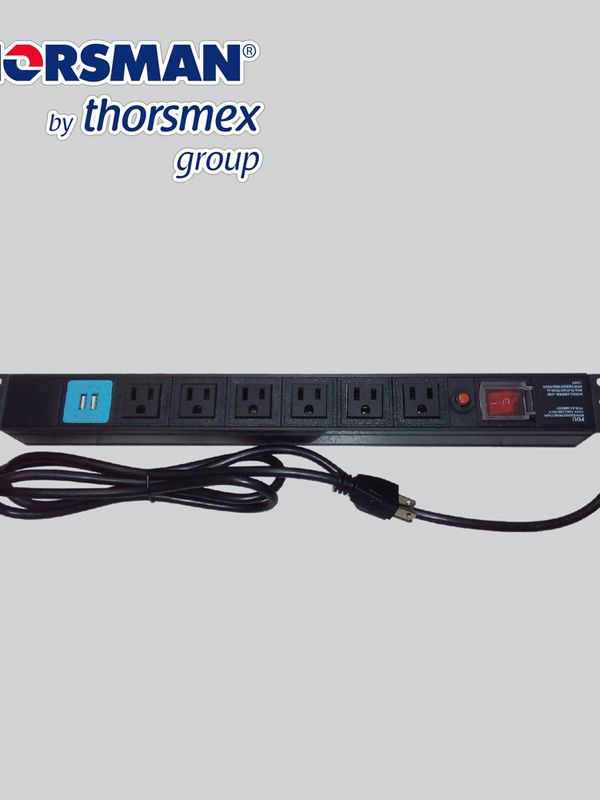 Barra Pdu 6 Contactos Mas Dos Usb Thorsman The0040091001001 P-rack 19” Horizontal, Color Negro, Boton De Encendido Con Sistema De Seguridad, Carcasa De Aleacion De Aluminio, Uso Interior, Caja Con Una Pieza, Cuenta Con Certificados Nom - 003 - Scfi – 2014