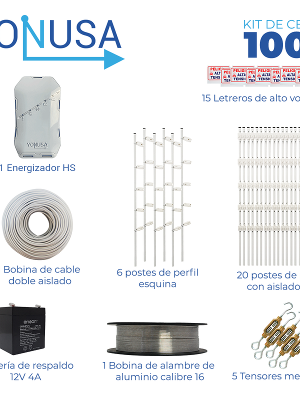 Kit De Cerca Electrificada Con Accesorios Para 100metros Incluye:
Energizador, Bateria  Br-1204, Cable, Alambre, Postes, Letreros Y Tensores