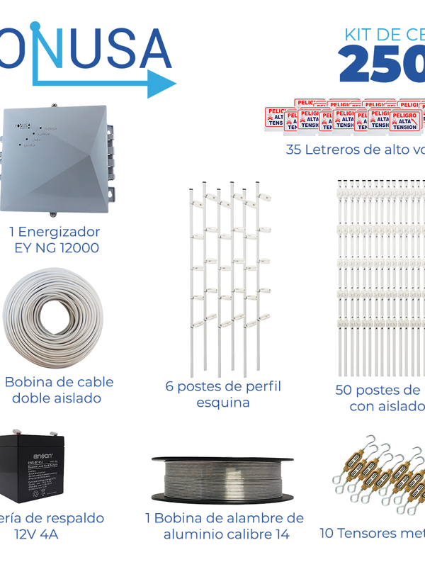 Kit De Cerca Electrificada Con Accesorios Para 250metros Incluye:
Energizador, Bateria Ens-bt412, Cable, Alambre, Postes, Letreros Y Tensores
