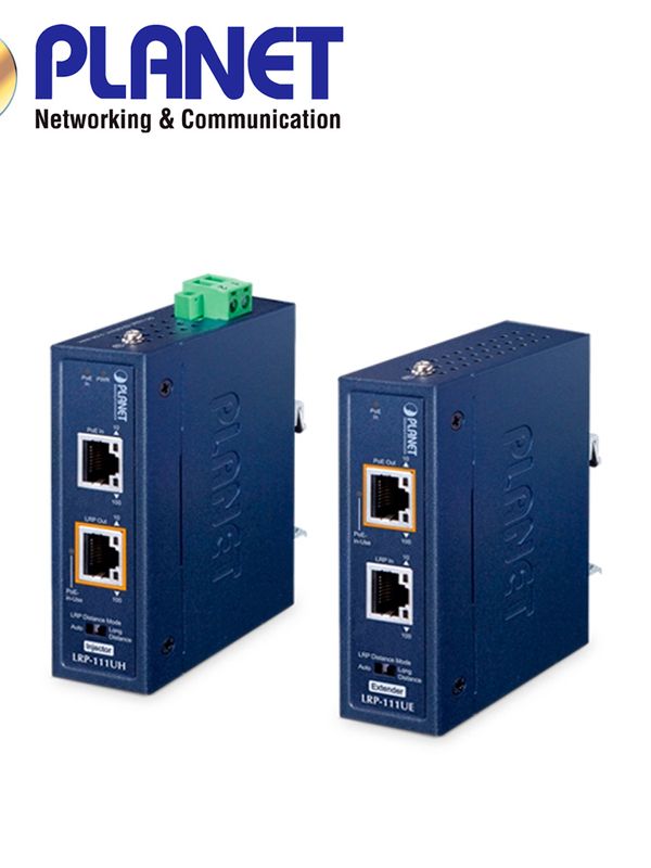 Kit Extensor Industrial Poe++ Planet Lrp-111u-kit / 1 Inyector Lrp-111uh + 1 Extensor Lrp-111ue / Puertos Rj45 Poe Bt 10/100mbps / Budget Poe 60w / Hasta 800 Metros / Temperatura Operacion -40 - 75 Grados Celsius