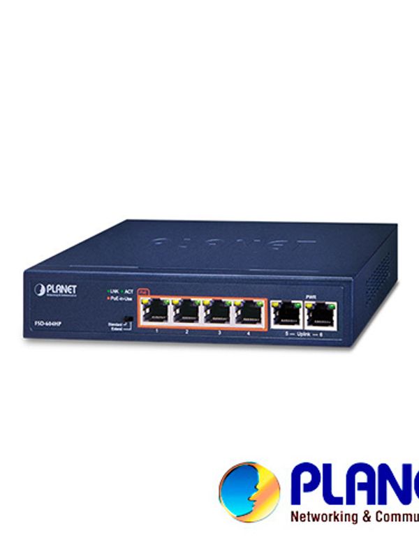 Switch No Administrable Planet Fsd-604hp / 6 Puertos Rj45 Fast Ethernet 10/100 Mbps / 4 Puertos Con Poe 802.3af/at (puertos 1 – 4) / 30w Por Puerto / Dip Switch (distancia De 100 Y 250 Metros) / 63 Watts De Consumo / Recinto De Metal.