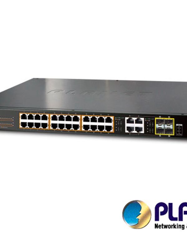 Switch Administrable Planet Gs-4210-24pl4c / 28 Puertos Rj45 10/100/1000 Mbps / 4 Puertos Sfp 100/1000 Mbps / 24 Puertos Con Inyector Poe 802.3at/af / 1 Puerto Serie Rs-232 A Rj45 / Recinto De Metal / 3 Ventiladores / Vlan / 440 Watts / Montaje En Rack.