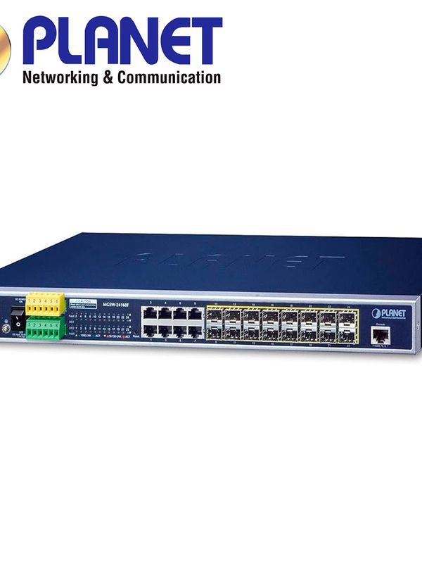 Switch Administrable L2+ Planet Mgsw-24160f / 8 Puertos Rj45 10/100/1,000mbps / 12 Puertos Sfp 100/1,000mbps / 4 Puertos Sfp 100m/1/2.5/10gbps / 1 Puerto Consola / 2 Entradas/salidas Alarma Digital / Doble Fuente Alimentacion 100-240vca/36-60vcd