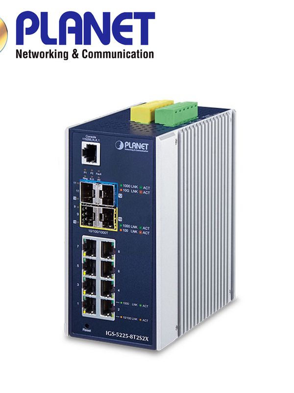 Switch Industrial Administrable L3+ Planet Igs-5225-8t2s2x / 8 Puertos Rj45 10/100/1,000mbps / 2 Puertos Sfp 100m/1/2.5gbps / 2 Puerto Sfp+ 1/2.5/10gbps / 1 Puerto Consola / 2 Entradas/salidas Alarma Digital / Anillo Erps / Nms / Routing Estatico / Fuente De Alimentacion Redundante 100-240vca/9-48vcd