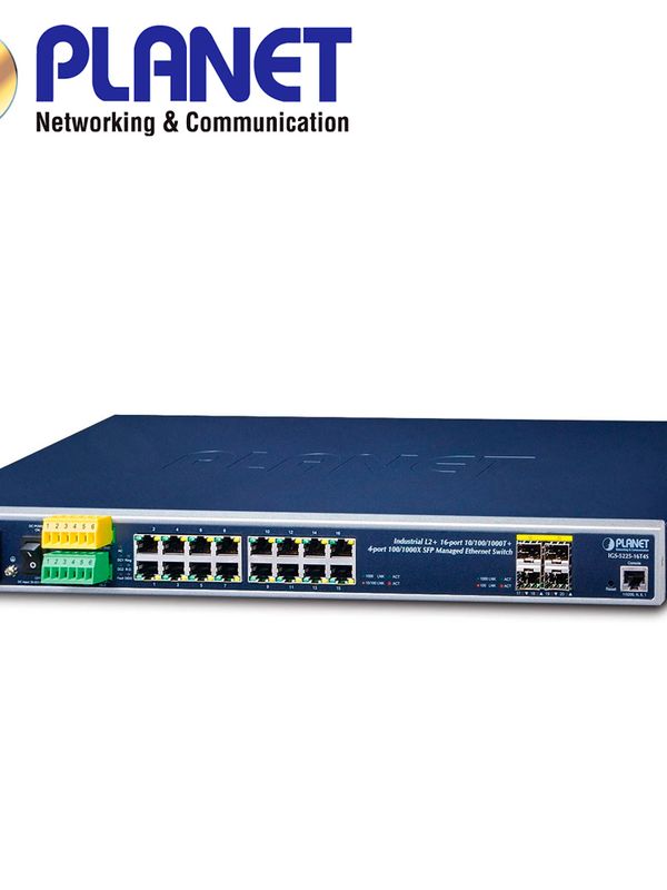 Switch Industrial Administrable L2+ Planet Igs-5225-16t4s / 16 Puertos Rj45 10/100/1,000mbps / 4 Puertos Sfp 100/1,000mbps / 1 Puerto Consola / 2 Entradas/salidas Alarma Digital / Anillo Erps / Nms / Routing Estatico / Fuente De Alimentacion Redundante 100-240vca/36-60vcd