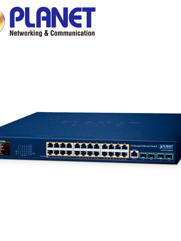 Switch Poe Administrable L3 Planet Gs-6311-24p4xv / 24 Puertos Rj45 Poe Af/at 10m/100m/1,000m/2.5gbps / 4 Puertos Sfp+ 1/10gbps / 1 Puerto Consola / Budget Poe 370w / Anillo Erps / Igmp Acl Mld / Ospf V2 Rounting Dinamico / Pantalla Inteligente E Intuitiva Lcd 2" / Fuente De Alimentacion 100-240vca