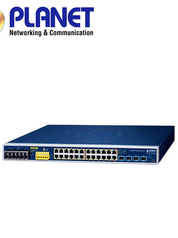 Switch Industrial Poe Administrable L2+ Planet Igs-r4215-24p4x / 24 Puertos Rj45 Poeaf/at 10/100/1,000mbps / 4 Puertos Sfp+ 100m/1/2.5/10gbps / 1 Puerto Consola Usb / Budget Poe 240w / 2 Entradas/salidas Alarma Digital / Ruteo Estatico / Anillo Erps / Doble Fuente Alimentacion 48-54vcd / Temperatura Operacion -40 - 75 Grados Celsius