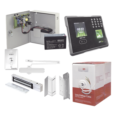 Sistema Completo de Acceso Y asistencia, Incluye Lector Biometrico MB160ID, Chapa magnética con bracket, Cierra puerta, Botón de Salida, Cable  Gratis , y fuente profesional con Batería