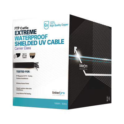 Cable UTP Categoría 5e para Exterior / 24AWG 4 Pares / Conductor Cobre Desnudo / Cubierta LDPE Negra Resistente a Rayos UV / Relleno Anti-Humedad PE Tap Compound / Soporte PoE IEEE 802.3at y Gigabit Ethernet / 1000 ft (304.8 m)