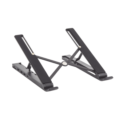 HUB (Docking Station) 5 en 1 con Soporte para Laptop | 2 USB 3.0 a 5Gbps | HDMI 4K@30Hz | Memoria Micro SD (TF) + SD | Amplia Compatibilidad de 10-15 | Ajuste de Altura | Aluminio | PC+ABS | Silicona | Color Negro.