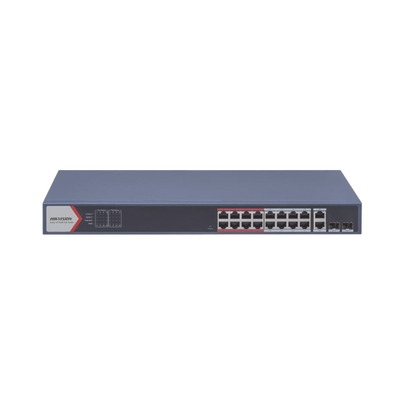 Switch PoE+ / Monitoreable / 16 puertos 10/100 Mbps PoE+ / 2 Puertos 1000 Mbps Uplink / 2 Puertos SFP de Uplink / Configuración Nube Hik-Partner Pro / Modo Extendido hasta 300 metros / 230 W