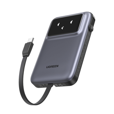 Power Bank Serie Uno | 10000mAh | 30W | con Cable USB-C Incorporado | 2 Salidas 30W Max. | Pantalla Inteligente | Carcasa Ignifuga | Aprobado por Aerolíneas.| Color Grey.