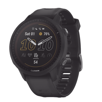 Reloj Garmin Forerunner 955 solar color negro en correa de silicón, con funciones premium de entrenamiento.