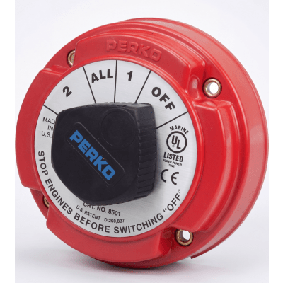 Switch Selector de Batería Marina PERKO 8501 / 250A Continuos 360A Intermitentes / 6-32 VCC / Encendido Protegido / Selector 1-2-Both-Off / Desconexión de Alternador
