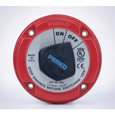 Interruptor de Desconexión de Batería Marina PERKO 9601 / 250A Continuos 360A Intermitentes / 6-32 VCC / Encendido Protegido / Desconexión de Alternador / Seguridad con Llave