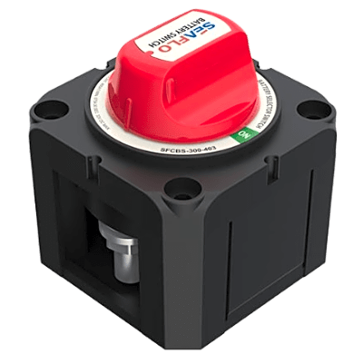 Interruptor Desconexión Batería Monocircuito ON/OFF, 275A DC Continuo, 900A DC Arranque, Terminales Cobre Estañado, IP68, Montaje Superficie/Panel, Cumple ABYC/UL/SAE