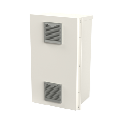 Gabinete Acero Galv. para 2 Baterías PL110D12 (400 x 730 x 300mm). Puerta Ventilada. Acc. para piso o poste No incluidos.