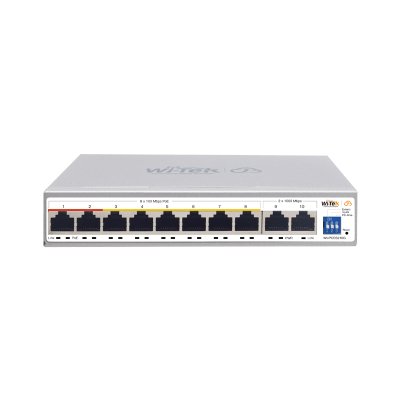 Switch PoE / Administración en la nube / Con 8 puertos 10/100 Mbsp PoE af/at / 2 Puertos Uplink 10/100/1000 Mbps / Presupuesto 100 W / PoE hasta 250 metros / Soporta protocolo ONVIF