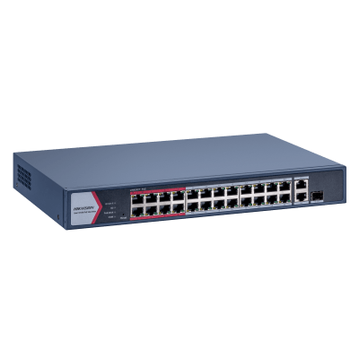 Switch Gigabit PoE+ / Monitoreable / 24 Puertos 1000 Mbps PoE+ / 1 Puerto 1000 Mbps de Uplink / 1 Puerto SFP / Configuración Nube desde Hik-PartnerPro / Modo Extendido hasta 300 Metros / 230 Watts