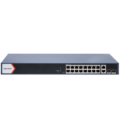 Switch Gigabit PoE+ / Monitoreable / 16 Puertos 1000 Mbps PoE+ / 2 Puerto 1000 Mbps de Uplink / 2 Puerto SFP / Configuración Nube desde Hik-PartnerPro / Modo Extendido hasta 300 Metros / 125 Watts