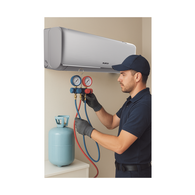 Servicio en Centro de laboratorio SYSCOM / Recarga de gas refrigerante / R32 / Minisplit AUFIT / Capacidad de 2 a 2.5 Toneladas