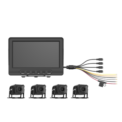 Sistema de Monitoreo Local / 4 Cámaras 1080p para Exterior (IP68) y Pantalla LCD de 7 a Color / Memoria Micro SD de 64 GB (Expandible a 512 GB) / Soporta Cambio de Cámara al Dar Reversa al Vehiculo / Accesorios de Instalación