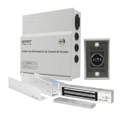 Kit para Control de Acceso Incluye Fuente de 12VCD / Soporta Batería de Respaldo/ Chapa Magnética de 600Lbs / Montajes L y Z / Botón de salida / Certificación UL y ETL
